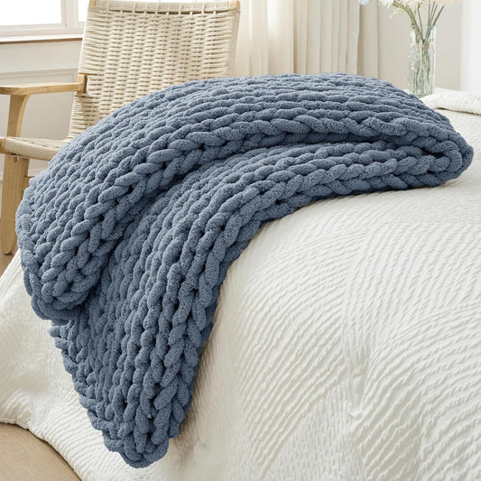 Bigacogo Chunky Knit Throw Blanket for Couch, 40x60 inches, 100% Hand Knitted with Thick Jumbo Chenille Yarn, Cozy Soft Large Rope Knot Cable Crochet Blankets for Sofa Bed Living Room, Cold Sea Blue