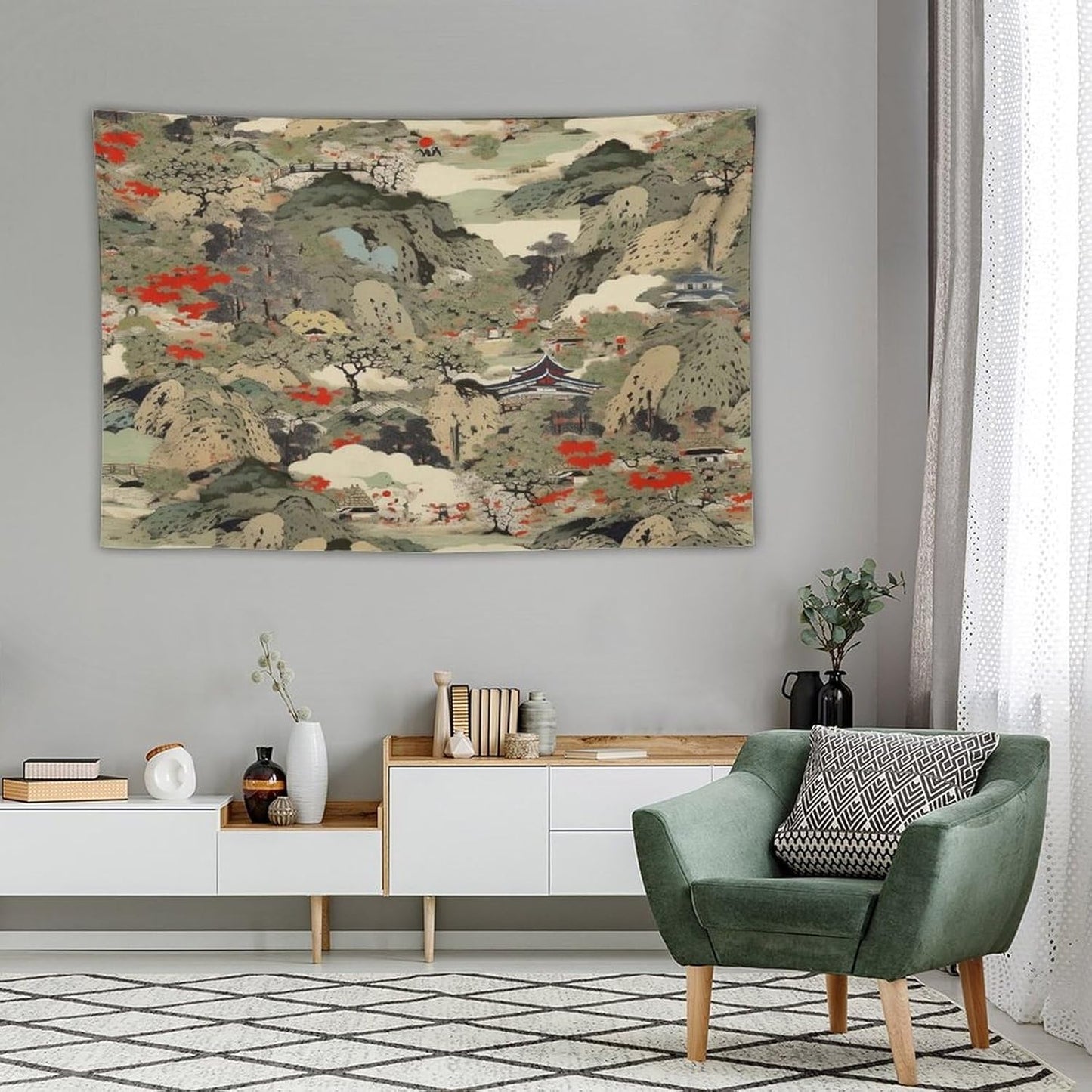 Asian Tapestry,Japanese Red Landscape Asian Watercolor Abstract Art Tapestry, Asian Japanese Wall Tapestry, Nature Landscape Tapestries for Bedroom Living Room Decor 60"x40"