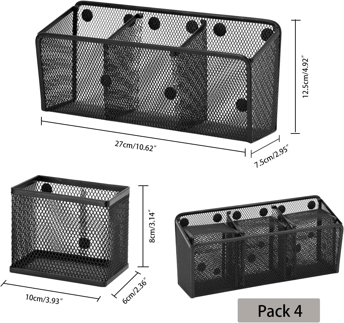 Neudeco Magnetic Pencil Holder, Locker Shelf Organizer, Metal Storage Basket for Whiteboard, Refrigerator, Ideal Cabinet for School, Black (Pack 4)