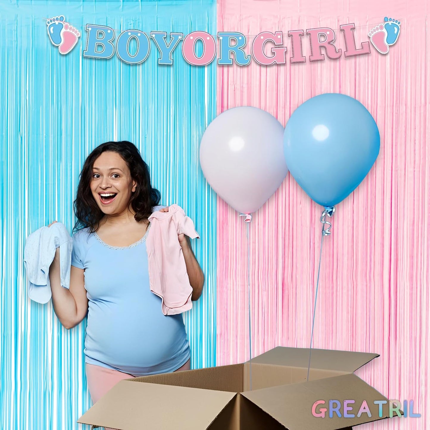 Pink and Blue Party Photo Backdrop - GREATRIL Foil Fringe Tinsel Streamers for Pastel/Easter/Birthdays Party Decorations - 3.2ft X 8.2ft - 2 Packs