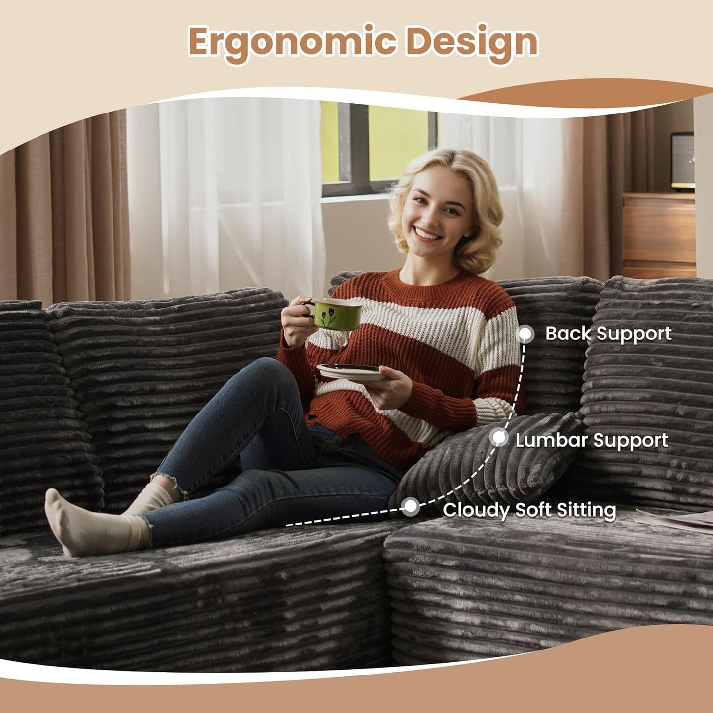 HOOOWOOO Cloud Sectional Couches for Living Room,Modular Sectional Sofa No Assembly,136X70 Inch Plush Corduroy Large U Shaped Floor Couch Set with Deep Seat(Gray)