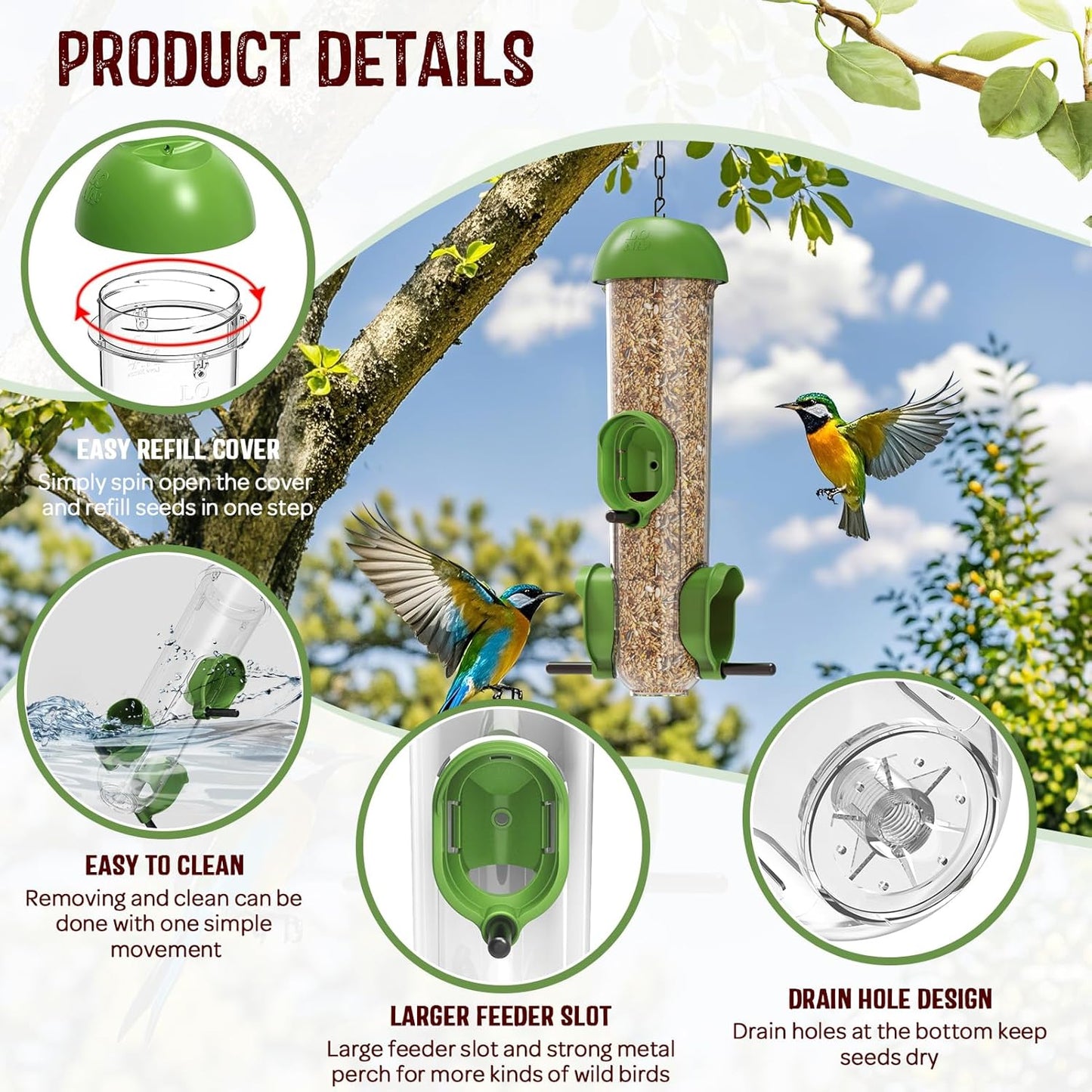 LONA Bird Feeders for Outdoors 2 Pack, Tube Feeder Weatherproof with Multiple Hanging Methods, Wild Bird Feeding Silo for Outside, 3 Port