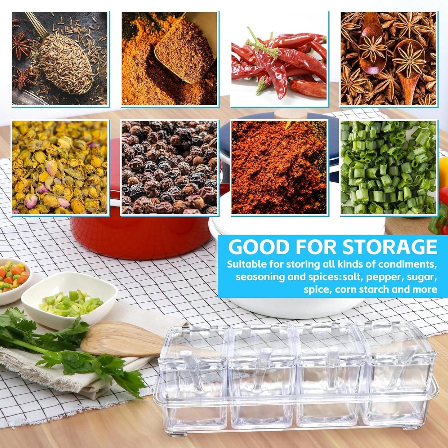4-Cell Clear Seasoning Rack Spice Box, Storage Container Condiment Jars Acrylic Seasoning Box with Cover and Spoon (Enhanced Version Clear)