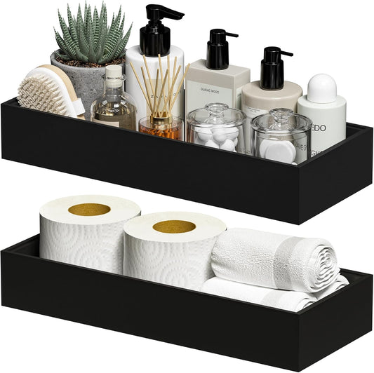 Kitchen Drawer Organizer Bins, Stackable Bamboo Drawer Organizer for Silverware, 2 Pcs Toilet Paper Basket Holder, Wood Bathroom Tray Countertop, Toilet Tank Tray Black 15" x 6" x 2.5"