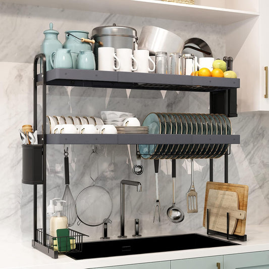 MAJALiS Over Sink Dish Drying Rack, Stainless Steel 2 Tier Large Dish Drainer Above Sink Adjustable 27.5" - 34.6", Expandable Kitchen Counter Organizer Storage Shelf with 6 Hooks