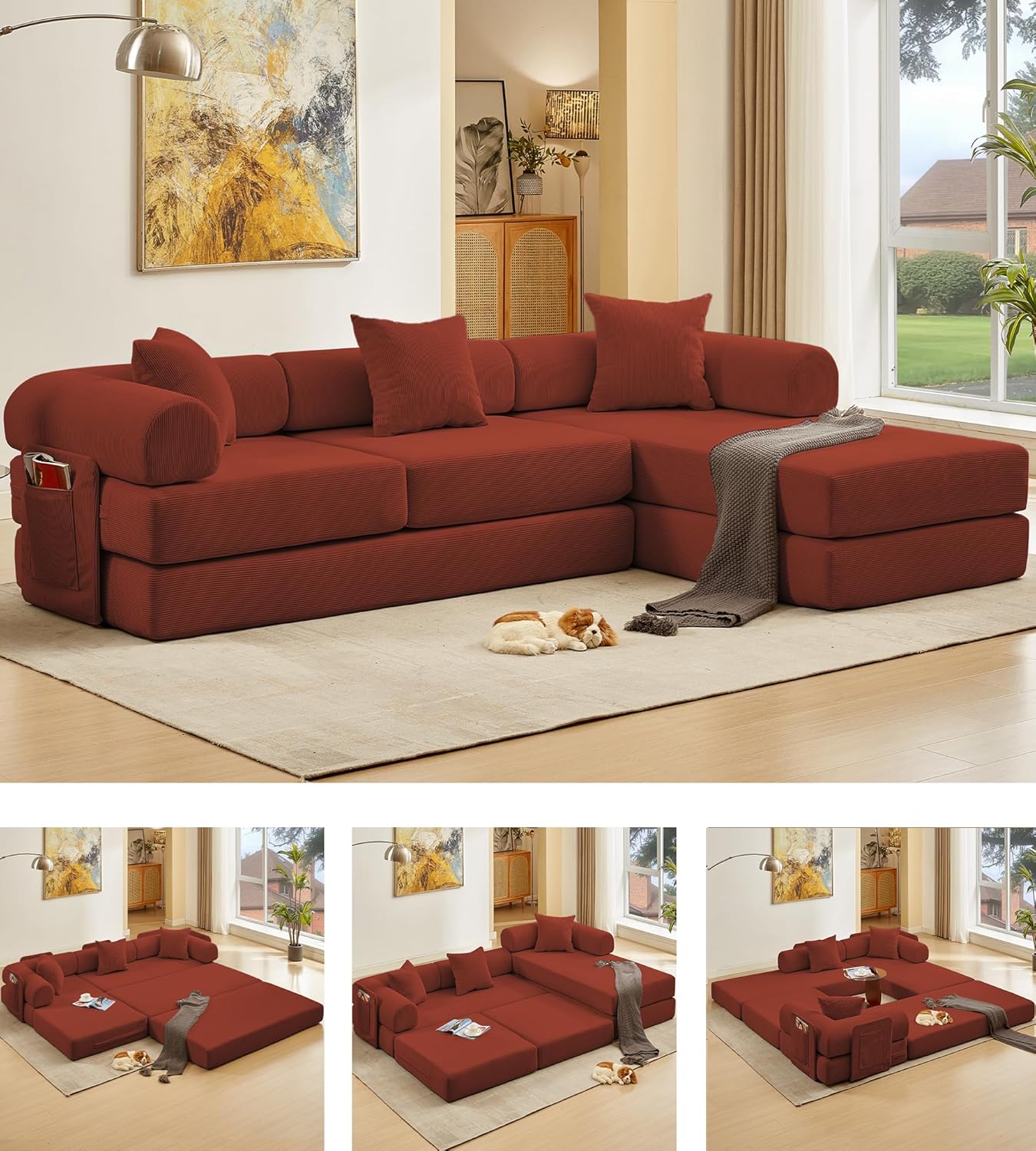 107" Oversized Convertible Sleeper Sofa Bed, Corduroy L Shape Sectional Couch, Folding Sofa Bed with Side Pocket, Modern Cloud Floor Mattress Couch, Modular Sofa for Living Room, Red