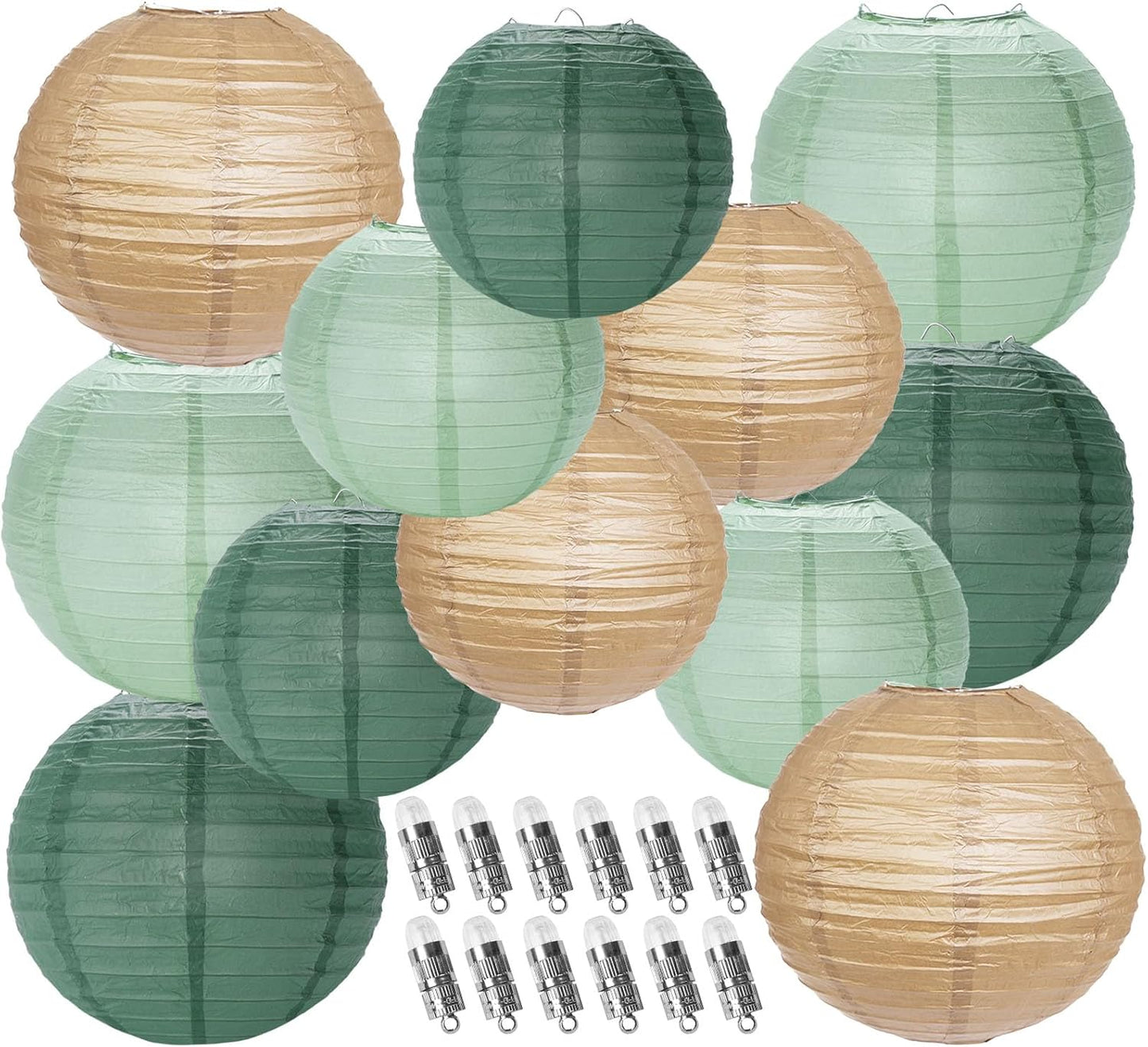 Paper Lanterns Decorative, Sage Green Forest Tan Hanging Round Chinese Lanterns with Lights for Rustic Party Sage Green Birthday Party 12 LED Light Pack of 12