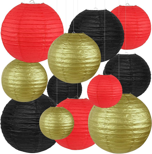 12Pcs Round Paper Lanterns Assorted Sizes (6" 8" 10" 12") for Home Decor, Wedding, Birthday, Hibachi Party, Casino Theme Party Decorations, Hanging Chinese Japanese Paper Lamps (Black Red Gold)