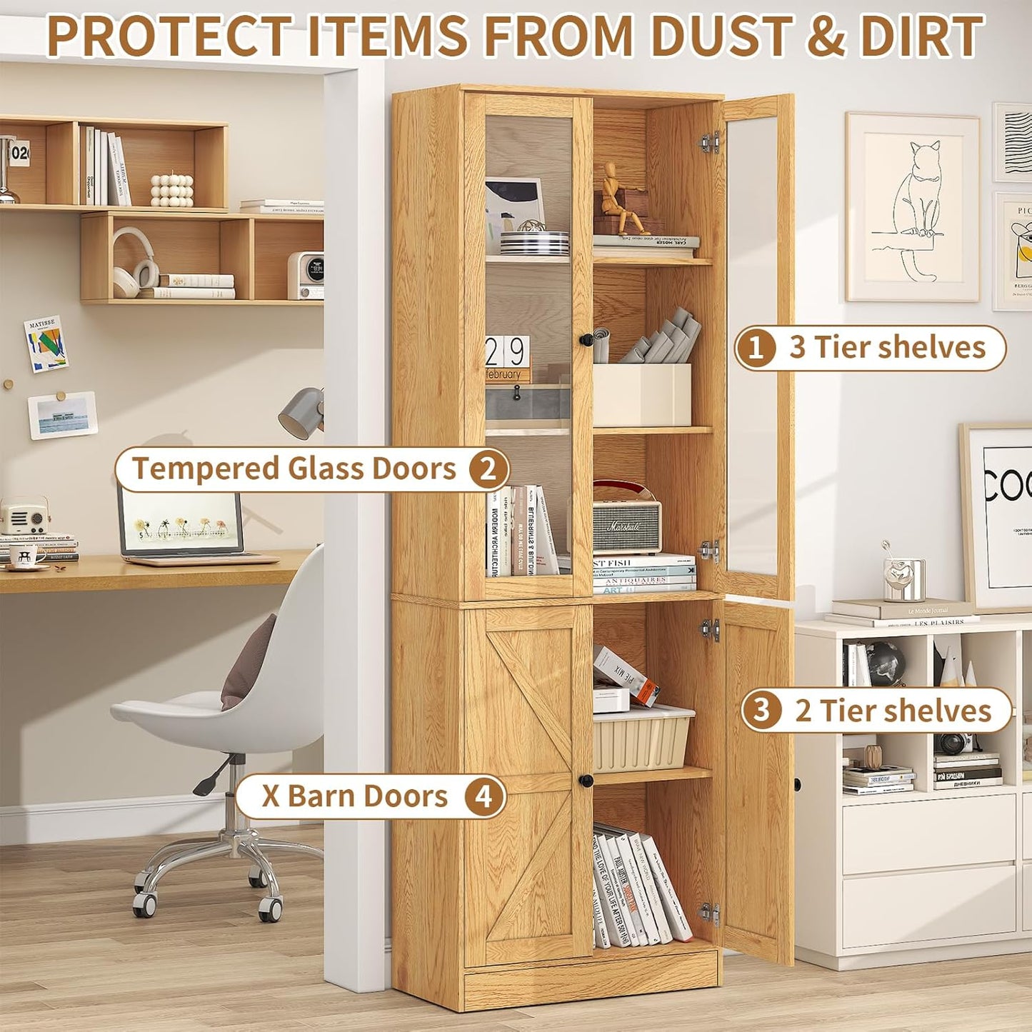 71" Tall Bookshelves Set of 2, Bookcase with Drawers & Bookshelf with Doors, Wooden Bookshelves Floor Standing Display Storage Shelves Home Decor Furniture for Home Office, Living Room,Natural