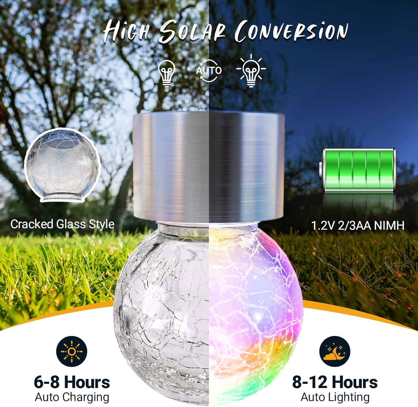 GIGALUMI 8 Pack Solar Hanging Lights, Christmas Decoration Lights with Multi-Color Changing Cracked Glass Hanging Ball Solar Outdoor Lights Waterproof Solar Lanterns for Garden, Yard, Patio, Lawn