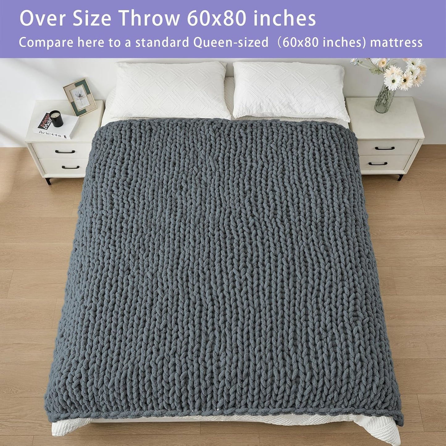 Bigacogo Chunky Knit Throw Blanket for Couch, 60x80 inches, 100% Hand Knitted with Thick Jumbo Chenille Yarn, Cozy Soft Large Rope Knot Cable Crochet Blankets for Sofa Bed Living Room, Iron Gray