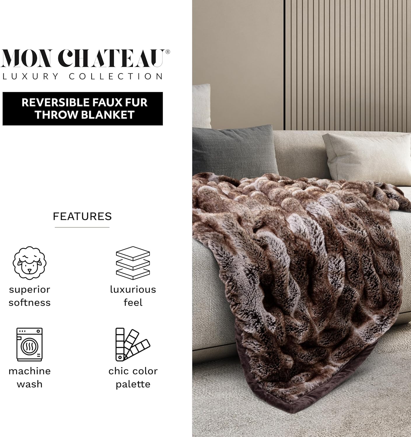 Mon Chateau Premium Reversible Luxury Faux Fur Throw for Couch, Sofa, or Bed - Plush Cozy Soft Blanket for Sleeping or Home Décor, 60" x 70" (Ruched Dark Brown)