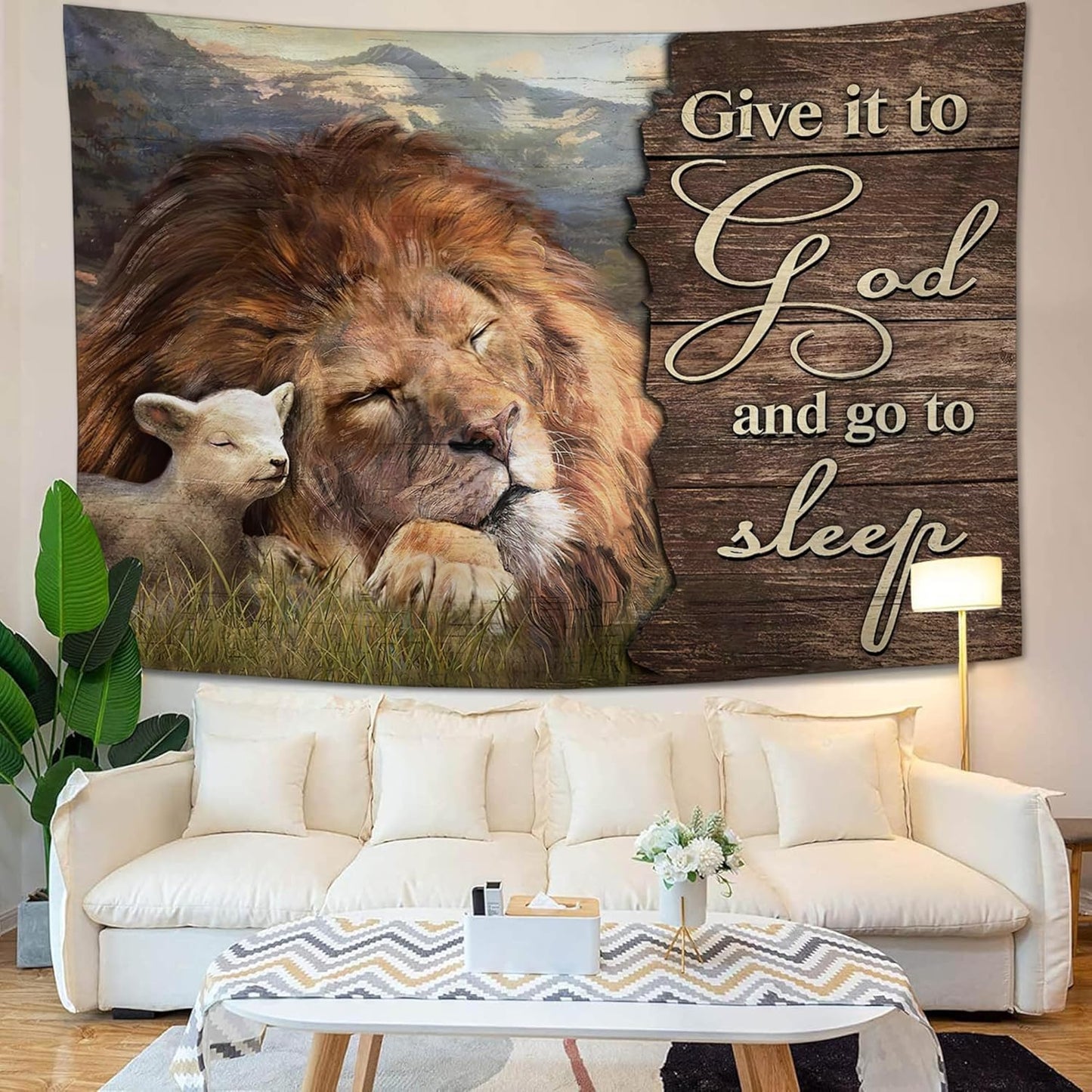 yowecso Lion and Lamb Tapestry Give It To God And Go To Sleep Tapestry Wall Hanging for Bedroom Christian Religious Tapestries Aesthetic Wall Decor for Home Dorm Living Room 50"x60"