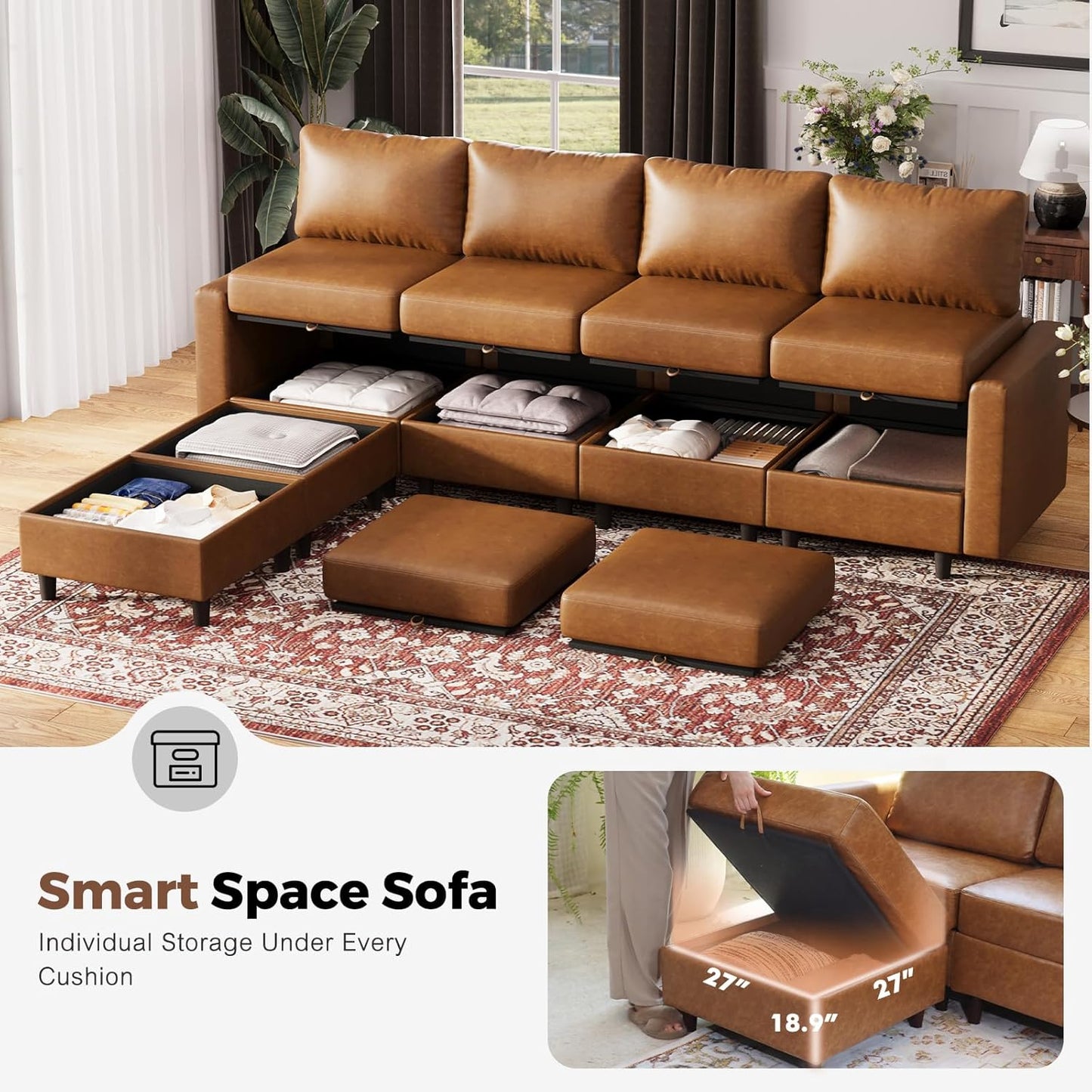 118.5" Faux Leather Modular Sectional Sofa with Storage Seat, Oversized 4 Seater Couch Deep Seat with Removable Cover Brown