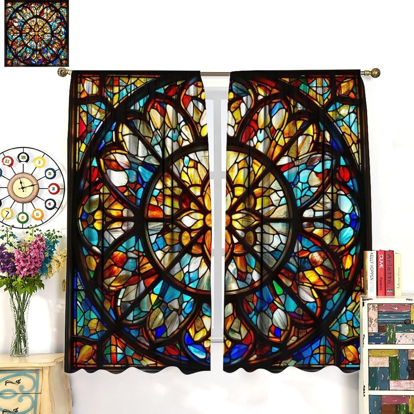 Stained Glass Curtains,Retro Mid Century Abstract Colorful Geometric Prints Home Decor Drapes for Bedroom Living Room Kitchen Window Treatment 2 Panels Set Total Size 42" W X 45" L Inch