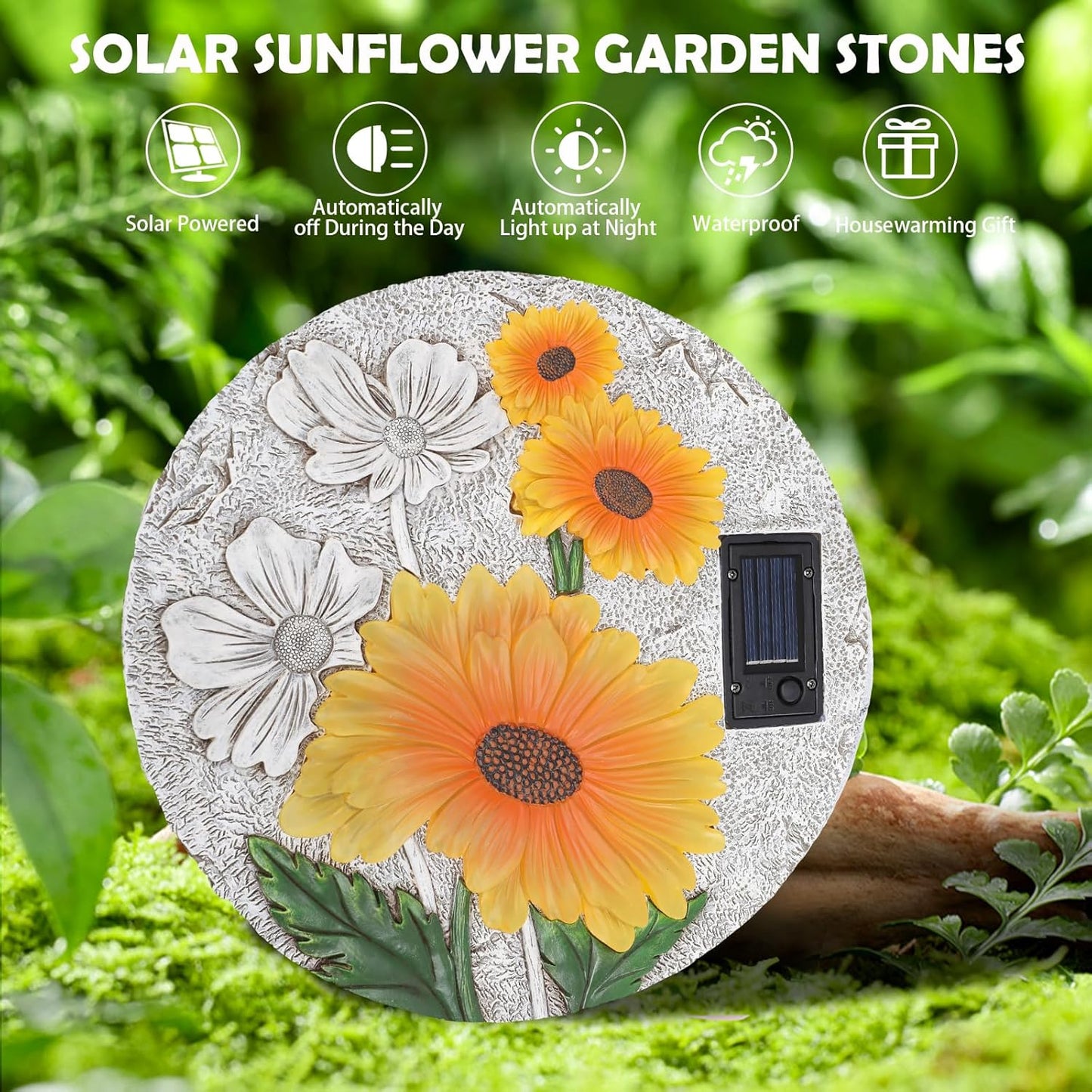 DREAM GARDEN Garden Décor Sunflower Outdoor Decorative Stones, Solar Garden Stone Resin Outdoor Garden Stone Patio, Walkway Stones Yard Art, 10.75 Inch