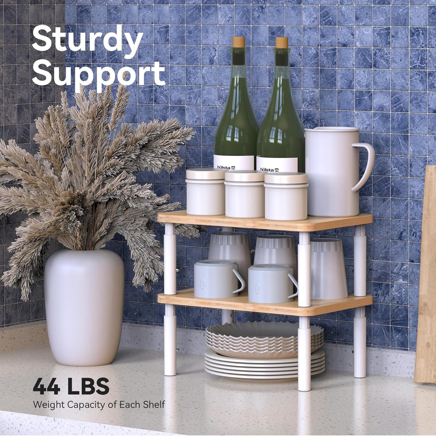 Cabinet Organizer Shelf, Spice Rack Set of 2 Kitchen Pantry Cupboard Shelves, Stackable, Height Adjustable, Natural Bamboo (11.7" W)