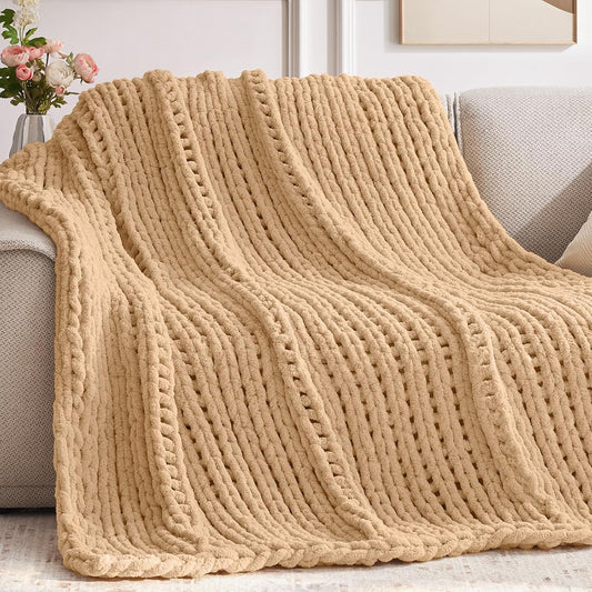 Chunky Knit Throw Blanket, 80''*90'' Knitted Throw Chenille Yarn for Bed Couch, Handmade Beige Crochet Big Thick Blanket, Machine Washable Cute Comfy Blanket for Home Decor