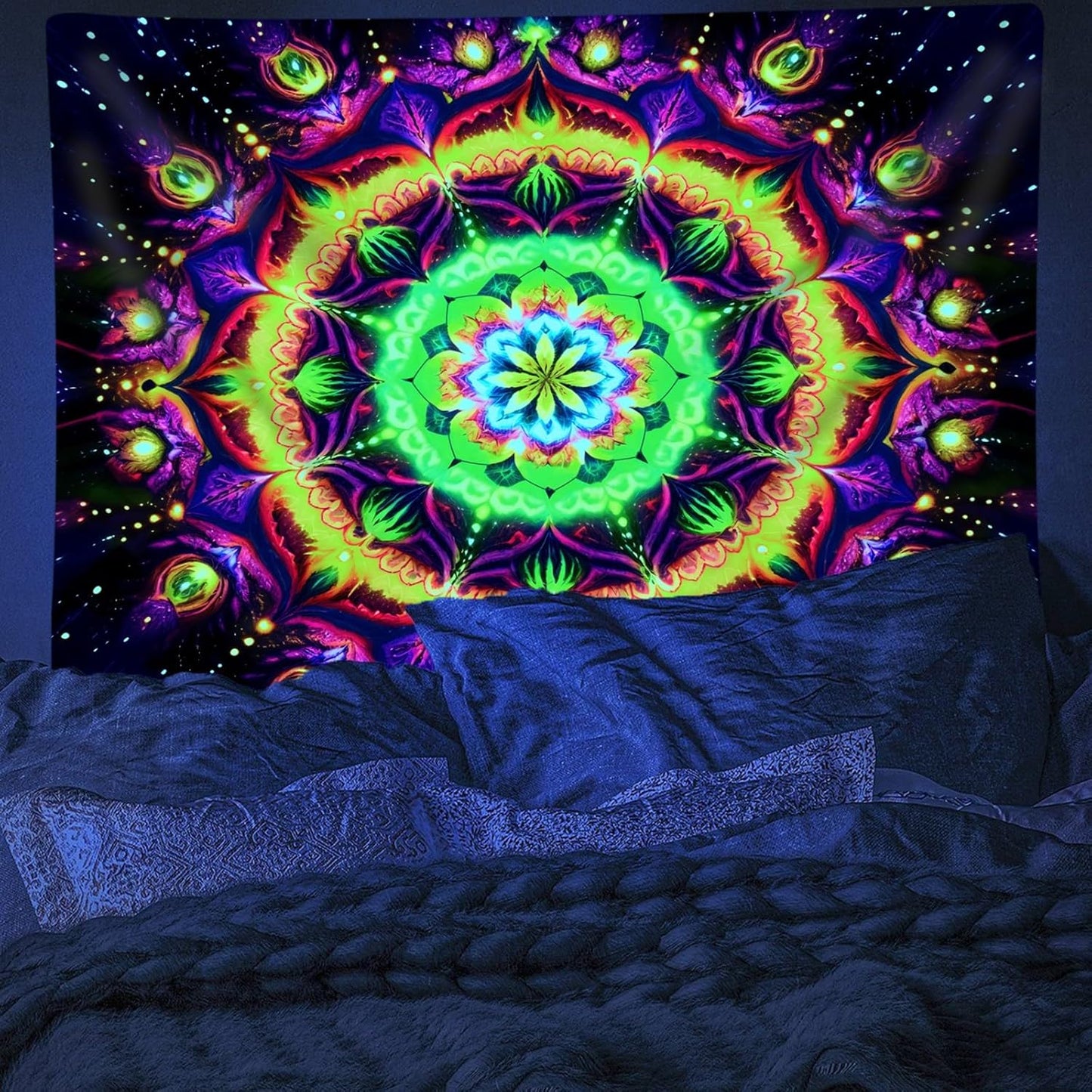 Blacklight Mandala Tapestry for Bedroom, Psychedelic Flower Black Light Posters for Adults and Teens, UV Reactive Aesthetic Bohemian Art Wall Hanging Decor Golden and Green (80 x 60 Inches)