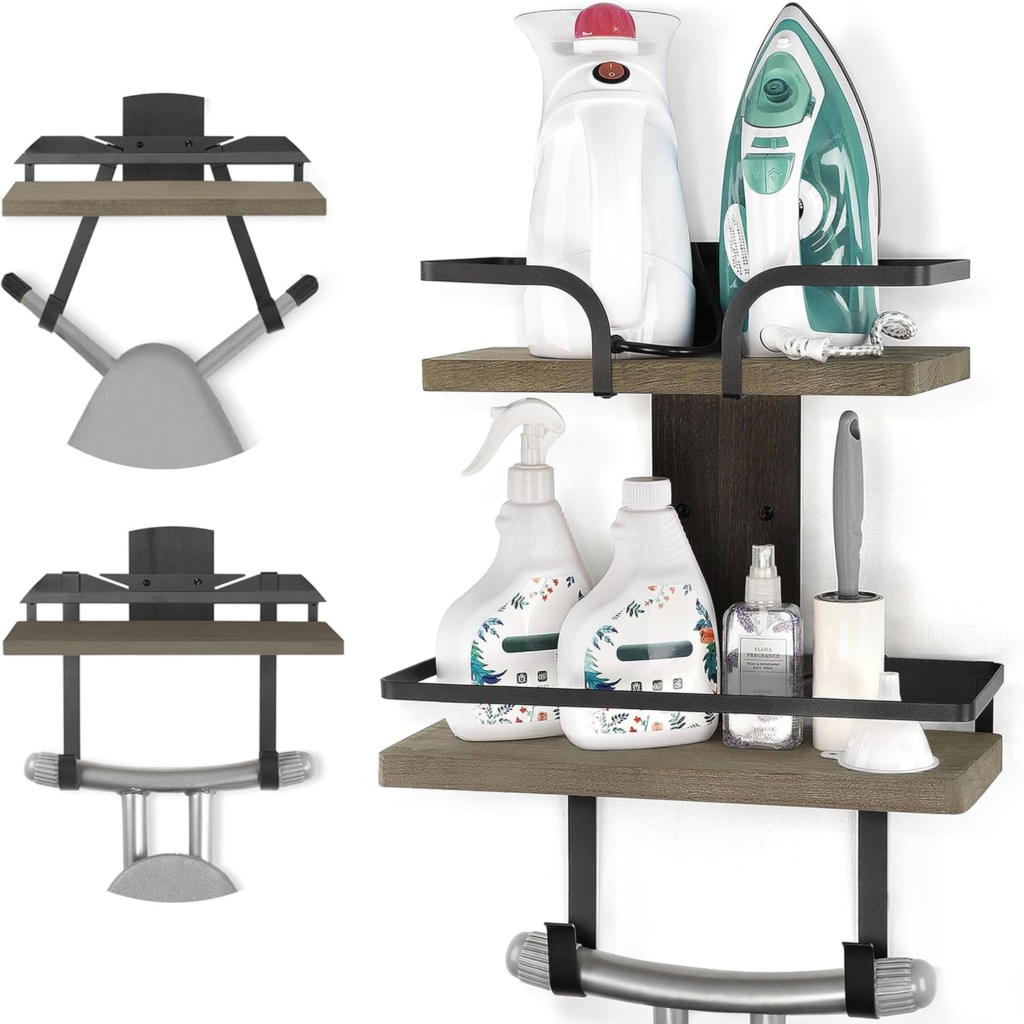 VINAEMO Ironing Board Hanger Wall Mount, 2-Layer Iron and Ironing Board Holder, Laundry Room Shelves Solid Wood with Removable Hooks Home Organization and Storage