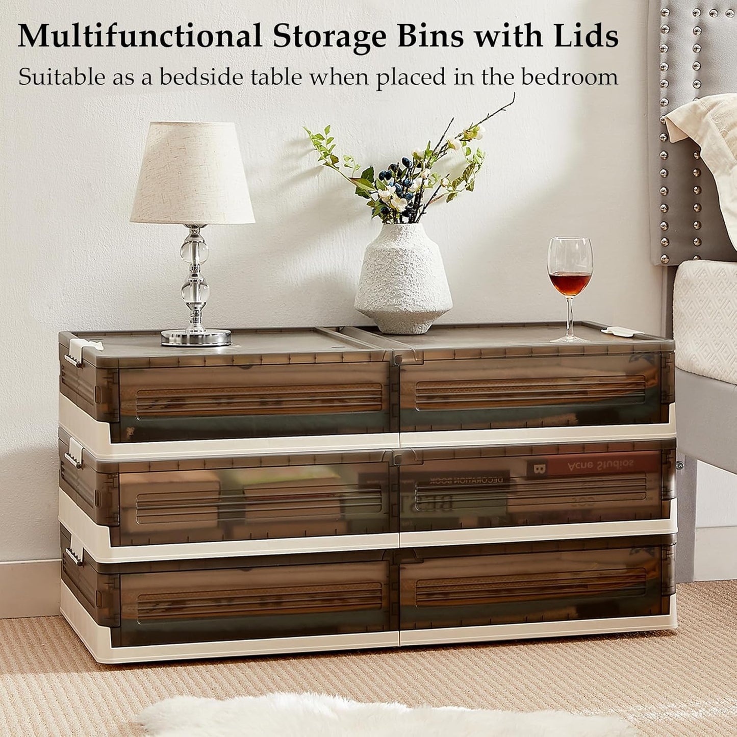 VECELO Under Bed Storage with Wheels, 2 Pack Stackable Under Bed Storage Containers, Underbed Storage Containers with Lids, Plastic Foldable Folding Box for Clothes Shoes, Grey