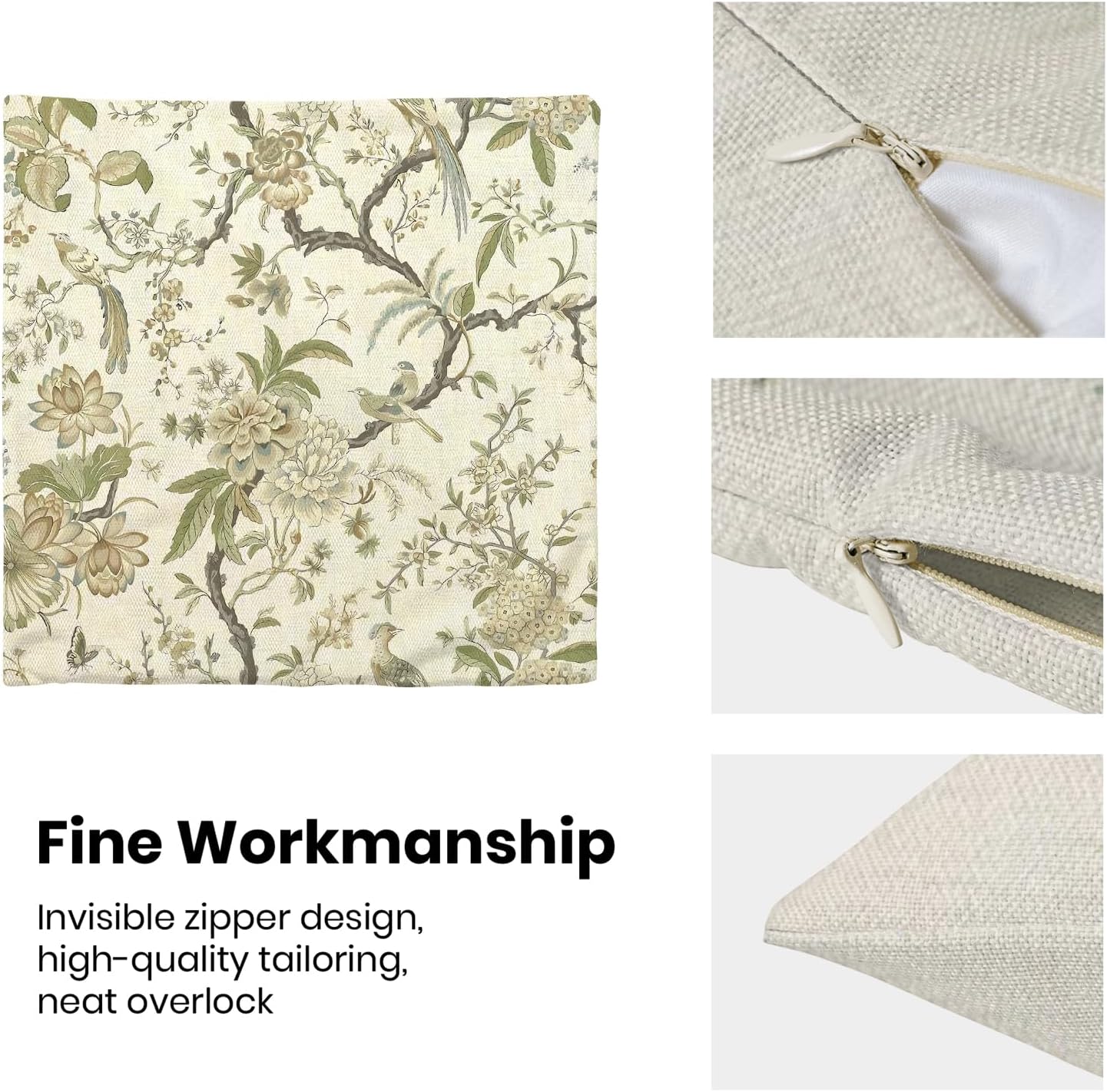 CXMEIFLY Spring Floral Birds Pillow Covers 18 x 18 Inch Set of 2 for Chinoiserie Flowers Decor Throw Pillows Sage Green Plant Outdoor Decorative Cushion Cases for Couch Bed Decorations