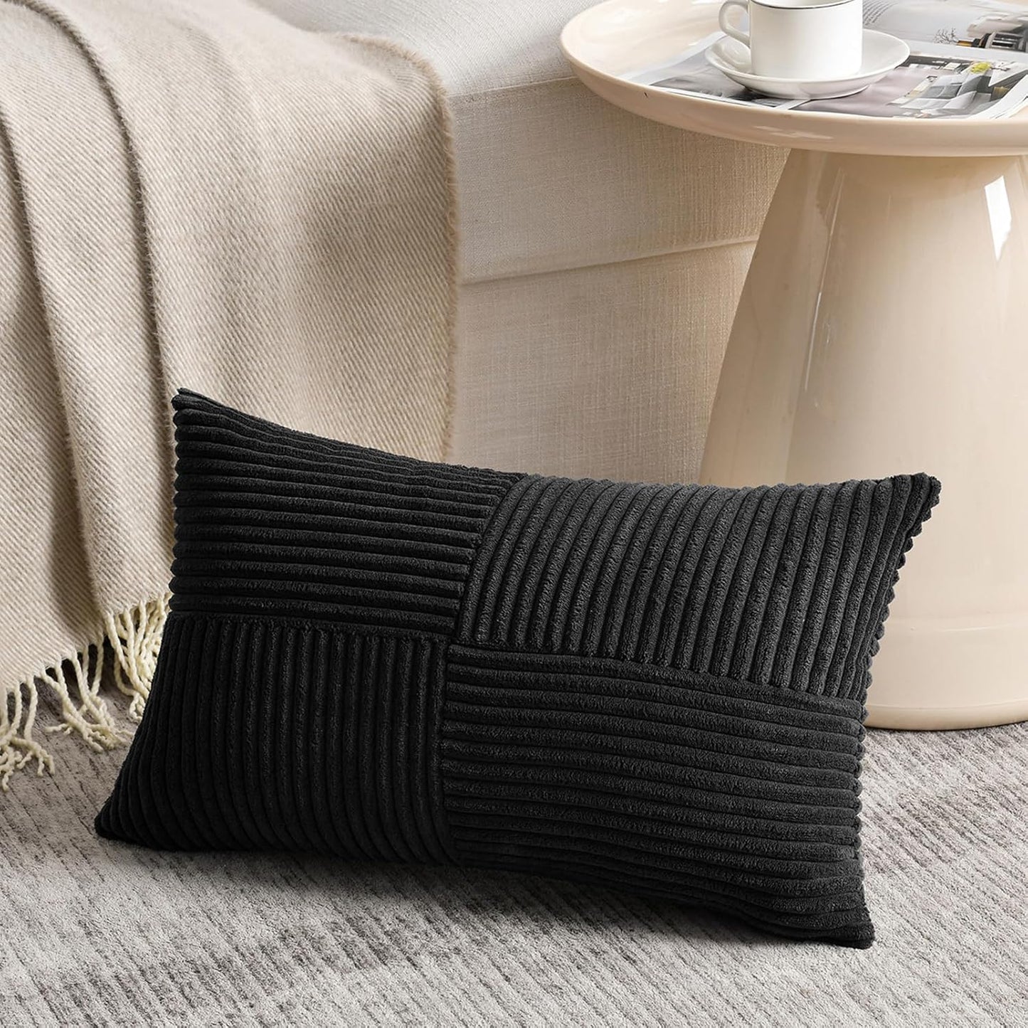 Fancy Homi 2 Packs Black Long Lumbar Decorative Throw Pillow Covers 16x24 Inch for Couch Bed Sofa, Rustic Farmhouse Boho Home Decor, Soft Striped Corduroy Rectangle Accent Cushion Case 40x60 cm