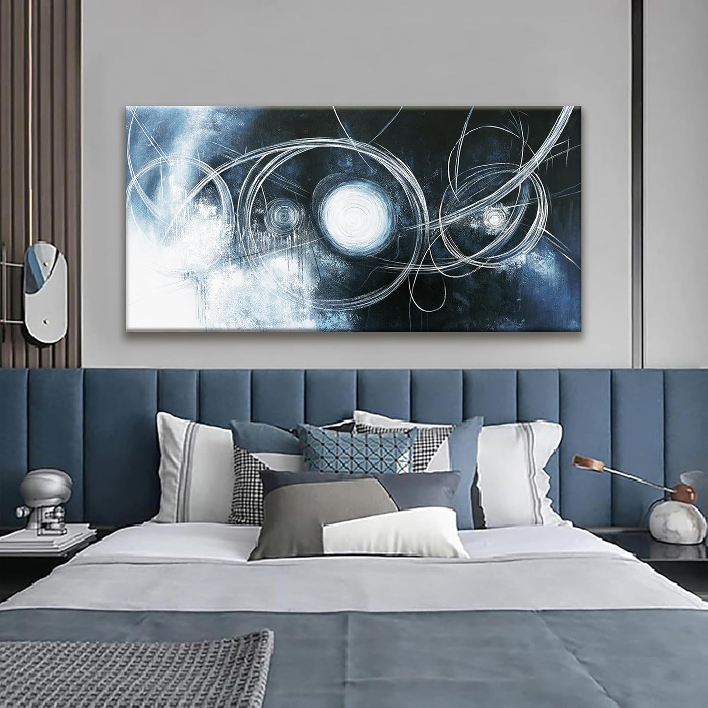 TAIJXAGSG Abstract Wall Art Modern Wall Decorations Maximalist Dark Blue Canvas Wall Art Decor Prints White Line Artwork For Living Room Bedroom Kitchen Office Artwork Ready To Hang 24"×48"
