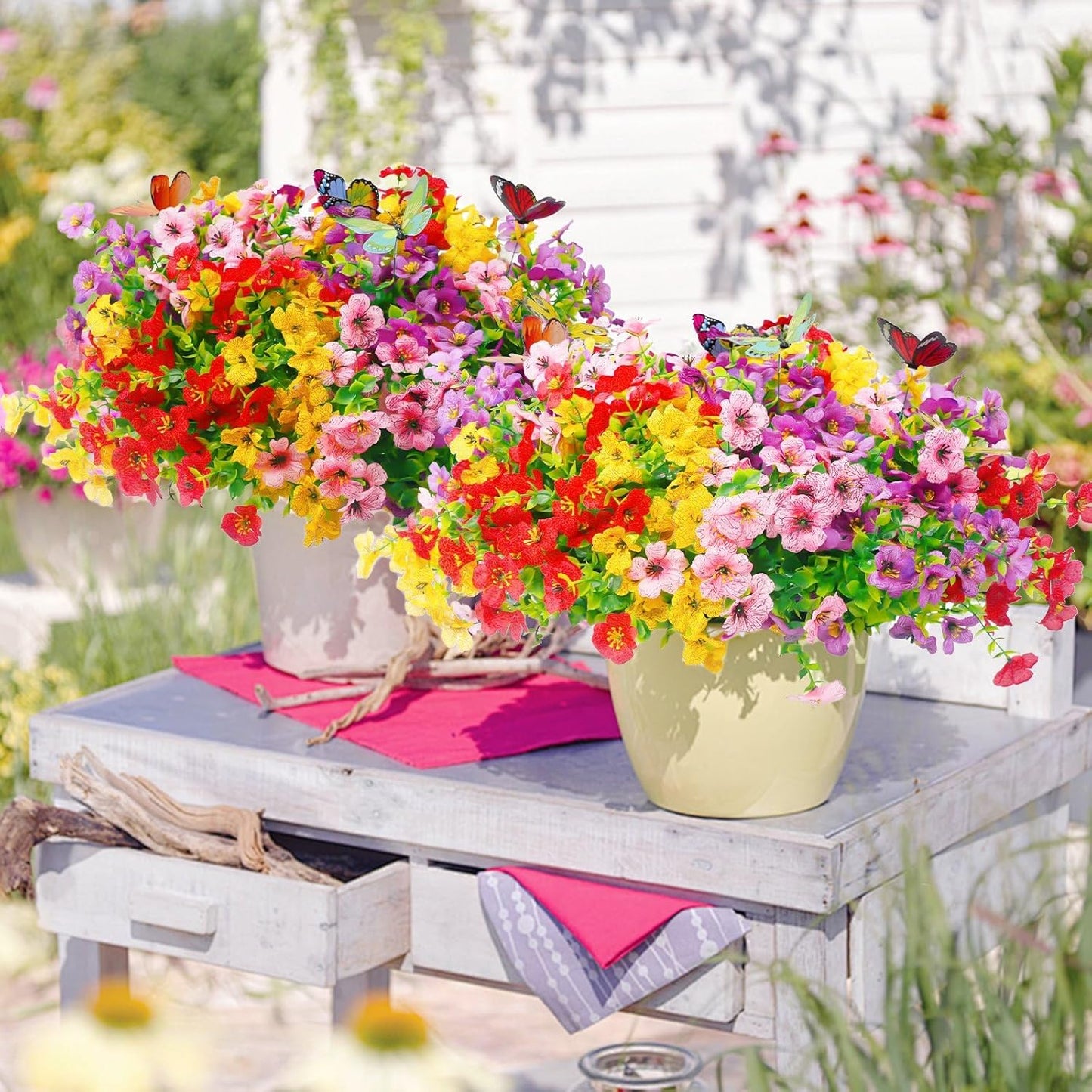 ‌20 Bundles Artificial Flowers for Outdoors‌ with 6 Faux Butterflies, UV Resistant ‌Fake Flowers‌ with Eucalyptus Leaves, ‌Artificial Plants Outdoor‌ for Patio Garden Porch Home Decor (Mix 4 Colors)