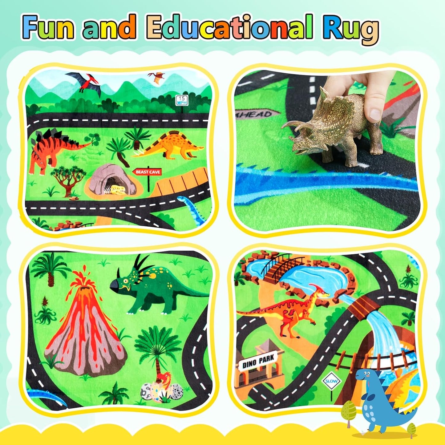 Kids Rug, Car Carpet for Kids' Toy Cars, 3x5 Ft Dinosaur Rug, Dino Safari Road Mat for Playroom, Educational Learning & Game Area Baby Play Mat Carpet for Children