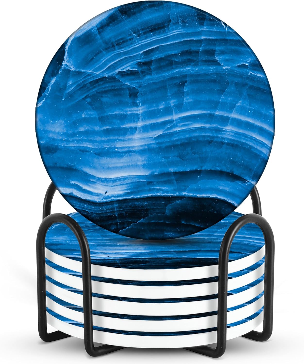 Emerson Coasters for Drinks Absorbent – Dining Table Set of 6 with Holder, 100% Ceramic Wooden Tabletop Protection Marble Style - Non Slip & Cork Bottom - Heavy Duty (Blue Stone)