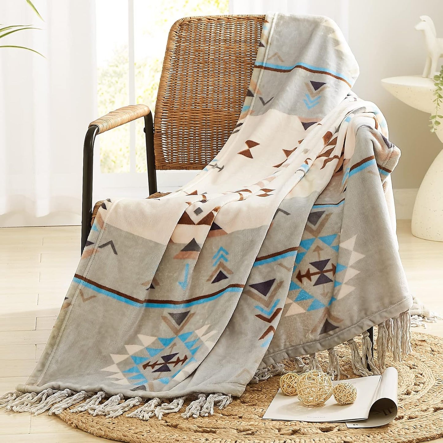 CASAAGUSTO Boho Throw Blanket - Green and Beige Decorative Blankets with Tassel, Printed Flannel Bohemian Blanket for Chair, Bed, Sofa, Couch(50 * 60, Green and Beige)