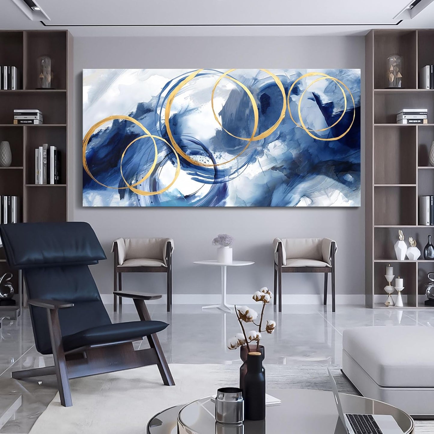 AJAZIKO Large Art For Wall Abstract Wall Decor Blue Modern Art Wall Decor Artwork For Walls Living Room Office Pictures For Wall Navy Gold Contempor Decorations For Bedroom Size 29x58
