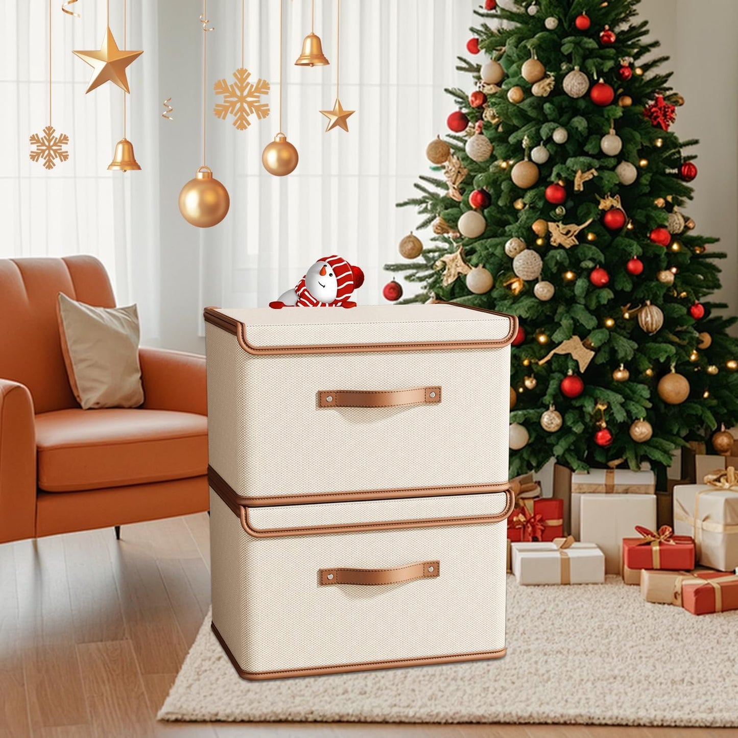 Tuza 2 Pack Storage Bins with Lids, Collapsible Closet Organizer Container, Fabric Organizer Box with Handles, Decorative Storage Boxes with Lids for Organizing Clothes, Books, File, White, Medium