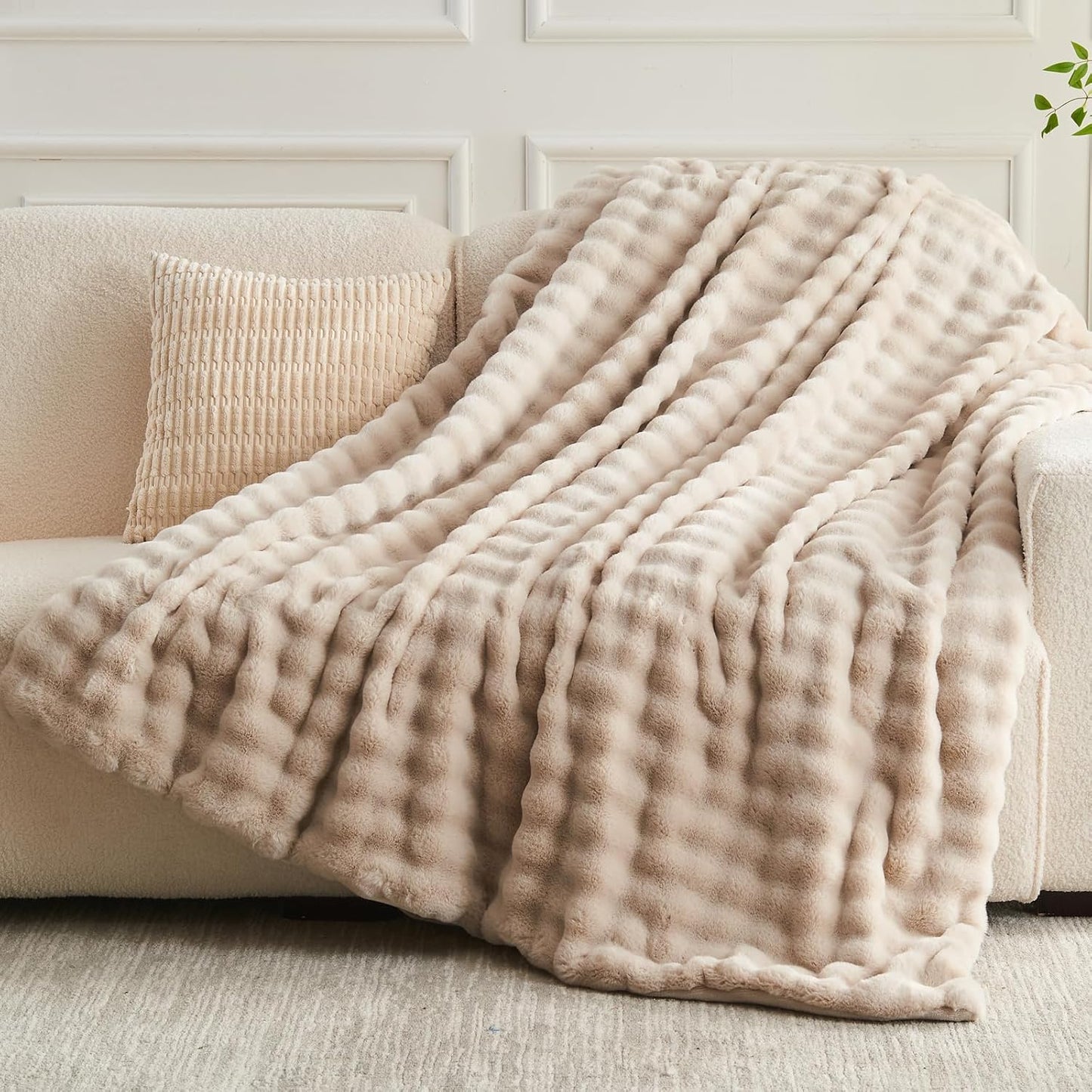 NEWCOSPLAY Faux Fur Throw Blanket Linen Bubble Blanket Thick Warm Soft for Couch Sofa Bed 550GSM (Linen, Throw(50"x60"))