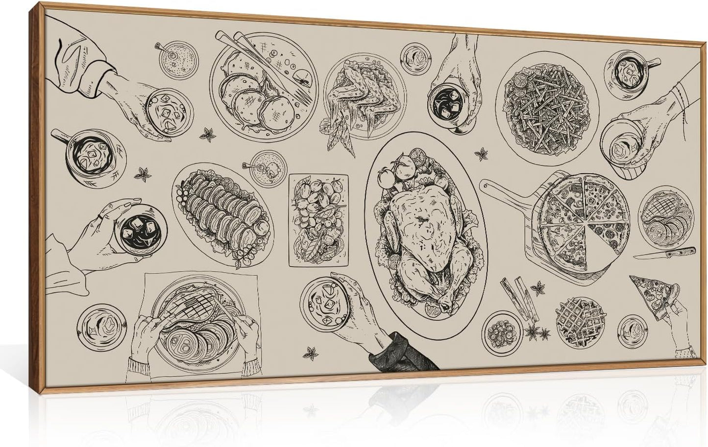 Vintage Food and Drink Framed Canvas Wall Art Set,Retro Sketch Pizza Cheers Wall Decor,Thanksgiving Dinner Turkey Artwork,Black and white Art Prints for Kitchen,Dining Room,Gatherings Decor-20"x40"