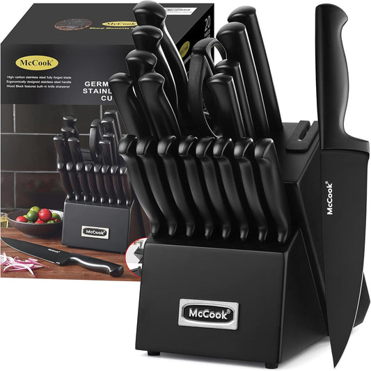 McCook® Premium Black Knife Sets,German Stainless Steel Kitchen Knives Block Set with Built-in Sharpener