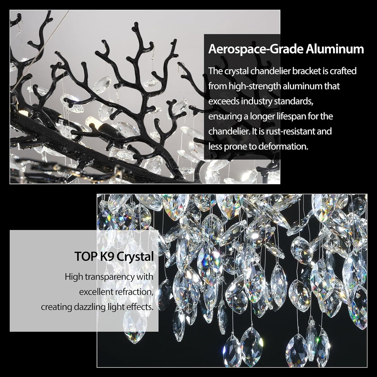 Modern Black Rectangle Crystal Tree Branch Chandelier, 55" 16-Light K9 Crystal Chandeliers for Dining Room, Rectangular Dining Room Chandelier Over Table,for High Ceiling,Kitchen
