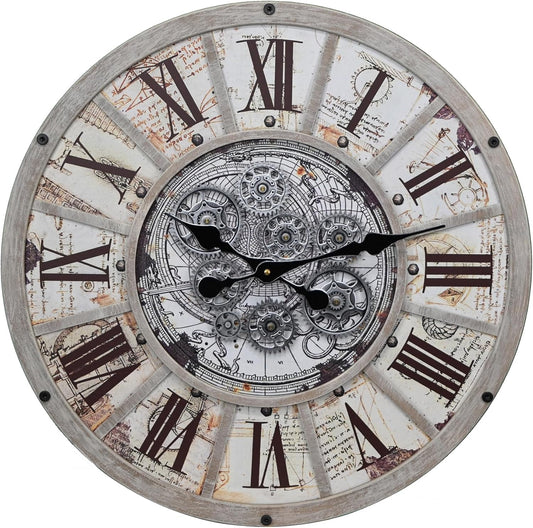 Unique Moving Gear Large Wall Clock 21inch-Battery Powered. Retro Industrial Steampunk Country Farmhouse Decor for The Living Room Kitchen Bars cafes Offices(whith/metal/21)