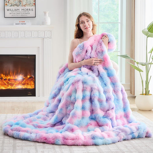 Lotus Karen Faux Fur Throw Blanket Tie-Dye Purple Rainbow - Big Bubble Rabbit Fluff Blanket for Couch, Large Fluffy Fuzzy Cozy Blanket,Thick Furry Plush Shaggy Blankets,90x90 Inches