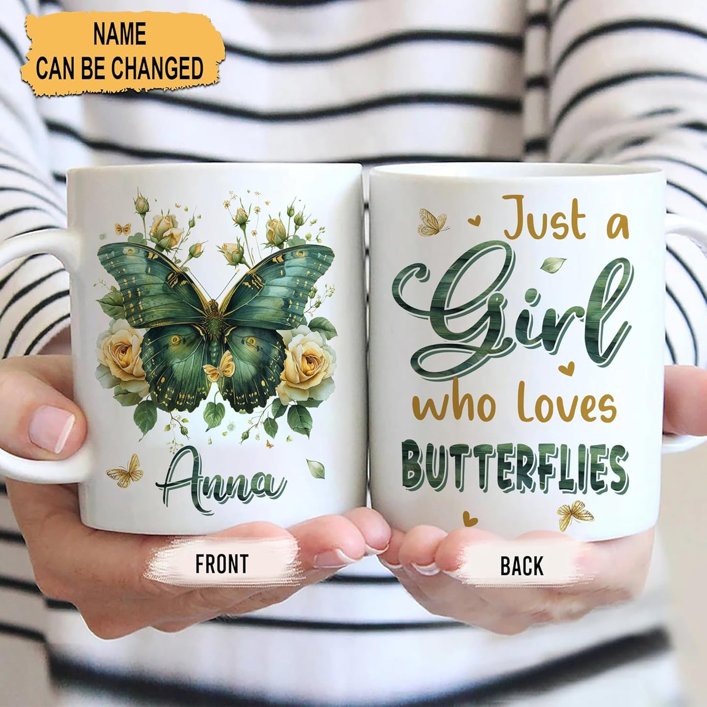 Hyturtle Personalized Floral Butterfly Mug - Butterfly Gifts For Women Lovers - Animal Gift For Bird Lover Her - Bird Gifts For Mom on Mother Day - Custom Name Coffee Cup Ceramic Mug 11 Oz 15 Oz