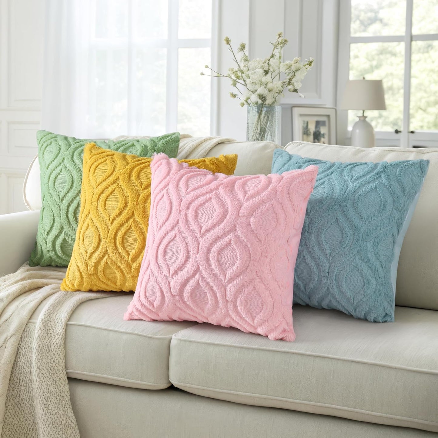 decorUhome Fall Throw Pillow Covers 24x24 Inch Set of 2, Soft Plush Decorative Faux Fur Aqua Solid Couch Pillow Covers, Accent Farmhouse Neutral Square Euro Pillow Cases for Sofa Bed Living Room