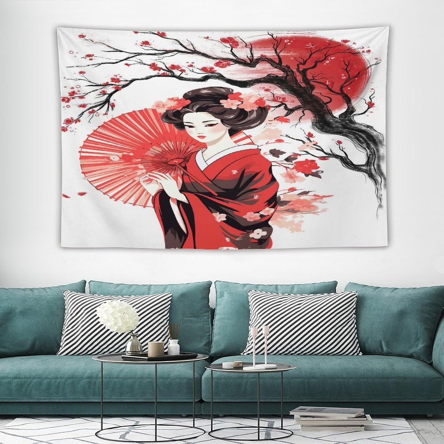 Japanese Red Geisha Tapestry Asian Cherry Blossom Traditional Kimono Folk Tapestries Home Decor for Living Room Bedroom Apartment Farmhouse Dorm 90"x60"