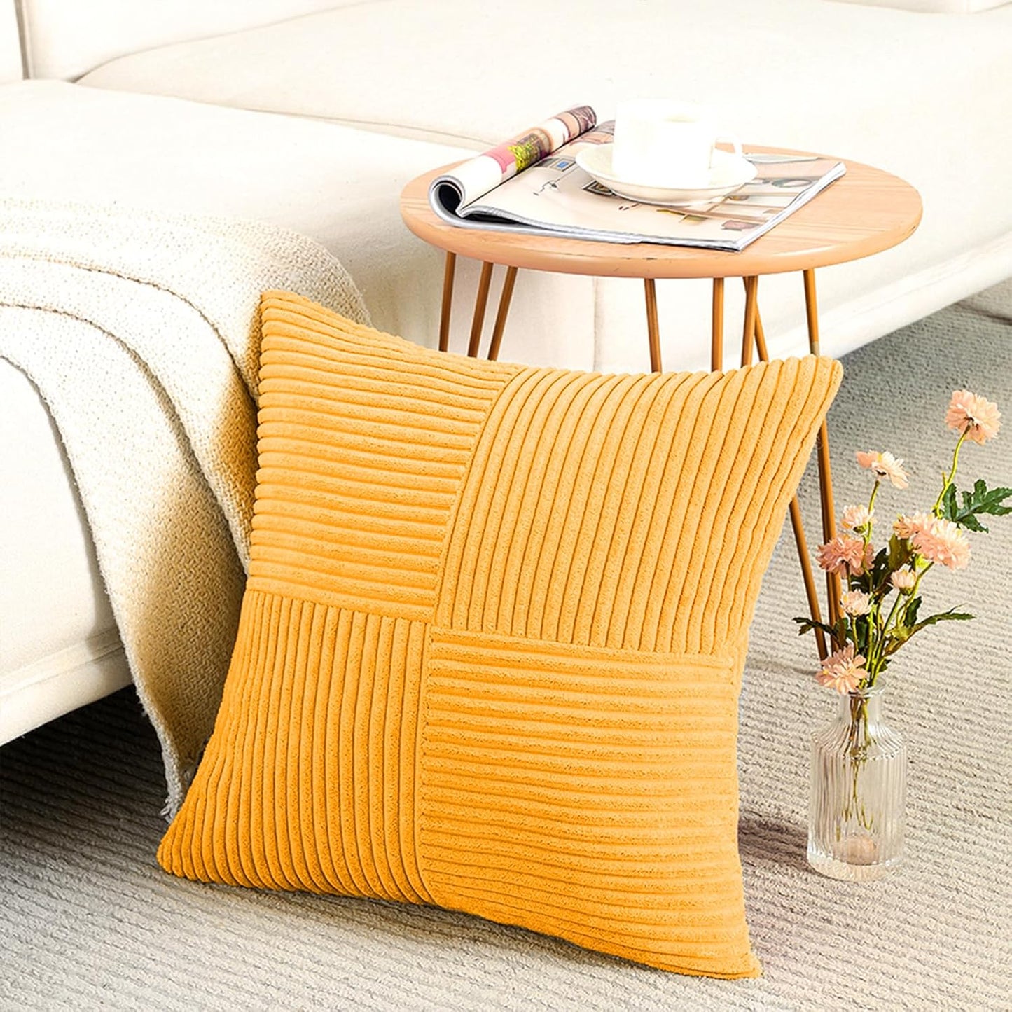 Fancy Homi 2 Packs Gold Yellow Decorative Throw Pillow Covers 22x22 Inch for Living Room Couch Bed Sofa, Farmhouse Boho Home Decor, Soft Corss Corduroy Patchwork Accent Square Cushion Case 55x55 cm