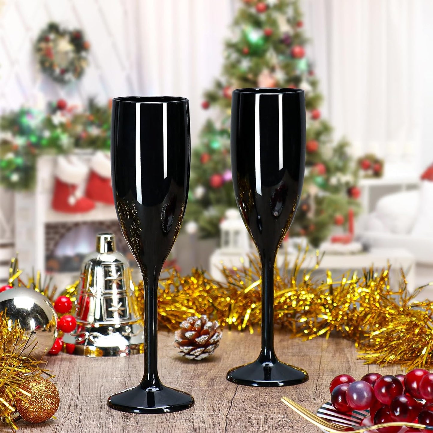 XUWAIDSGN Acrylic Champagne Flutes Toasting Glasses Unbreakable Mimosa Bar Reusable Wine Glasses Vintage Champagne Flutes Stemmed Drinking Cups 5.4 OZ for Christmas Birthday (100, Black)