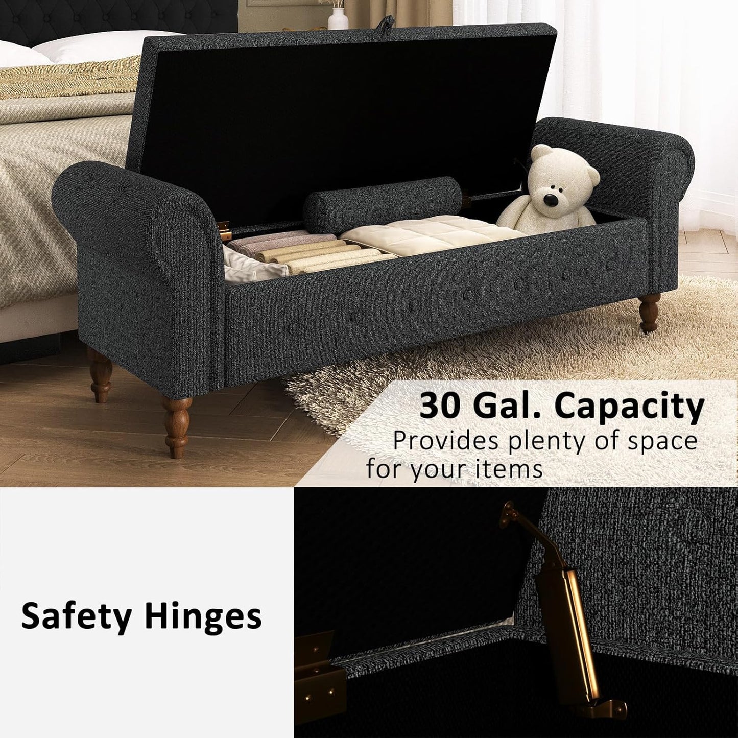 Storage Ottoman Bench for Bedroom, 63" End of Bed Bench with Rolled Arms Upholstered Ottoman Bench Fit for Bedroom, Living Room, Entryway, Linen Dark Gray