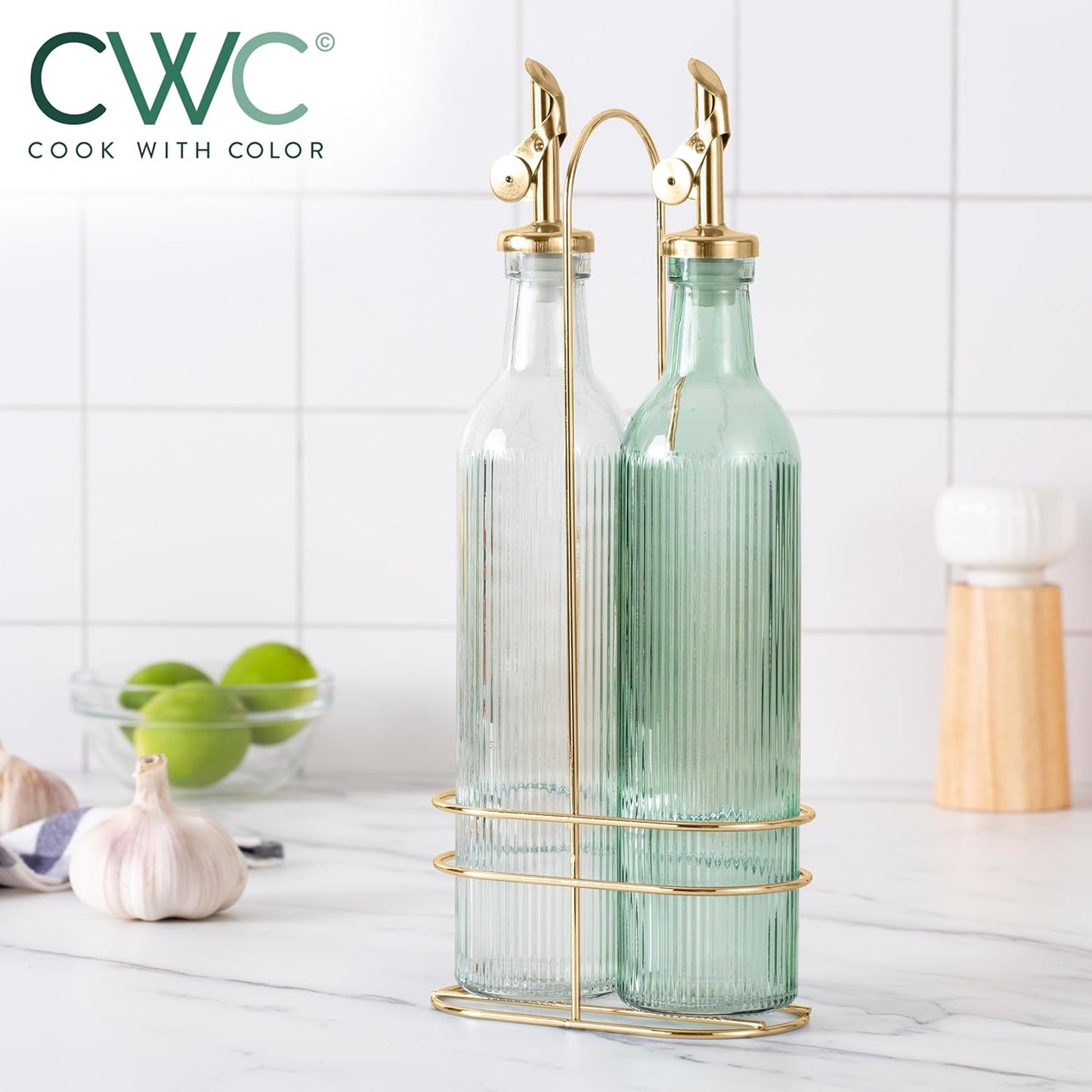 COOK WITH COLOR Glass Olive Oil Bottle Dispenser - 2 Pack- 17oz Oil and Vinegar Cruet - Olive Oil Carafe Decanter for Kitchen