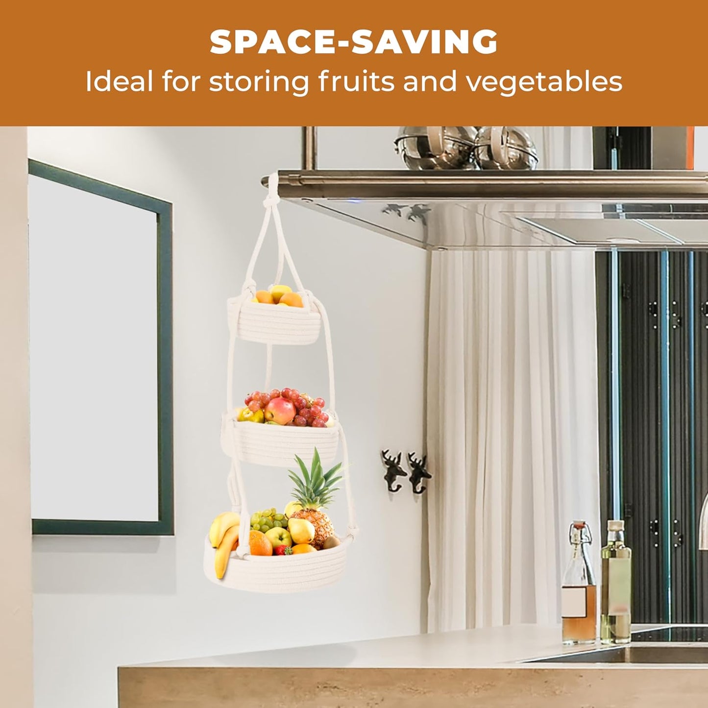 REGAL TRUNK Hanging Fruit Baskets for Kitchen - 3 tiers Fruit Baskets Hanger - Macrame Fruit Hammock - White Boho Wall Decor - Produce and Vegetable Tiered Storage Holder - 3x10x27.5 in