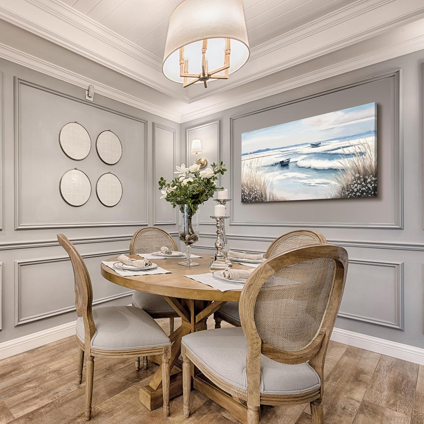 amatop Large Canvas Art Wall Decor for Bedroom Living Room –Rustic Coastal Ocean Artwork for Walls with Sailboat and Waves – Blue and White Nautical Beach Seascape Canvas Print 48x24 Inch