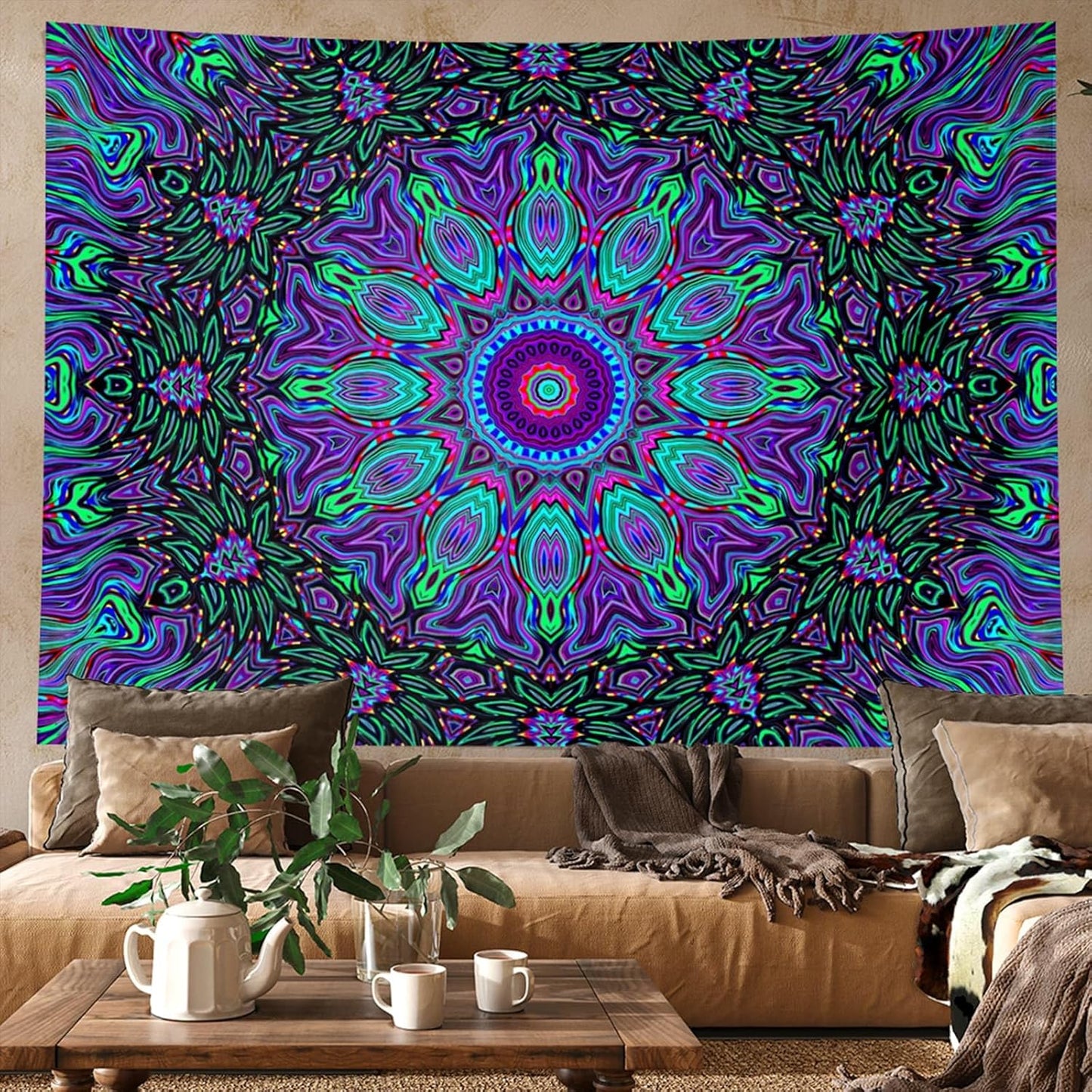 PSYHILAR Blacklight Mandala Tapestry for Bedroom, Psychedelic Black Light Posters for Adults and Teens, Neon UV Reactive Aesthetic Bohemian Art Wall Hanging Decor (40 x 30 Inches)